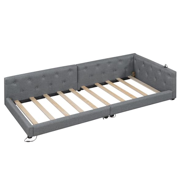 Schlafsofa, Daybett, 90x200cm, mit Lattenrost, Ambientebeleuchtung, Kopfteil mit Knopftuft, USB+Typ-C, Leinen, Grau