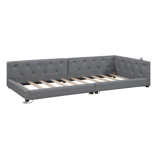 Schlafsofa, Daybett, 90x200cm, mit Lattenrost, Ambientebeleuchtung, Kopfteil mit Knopftuft, USB+Typ-C, Leinen, Grau