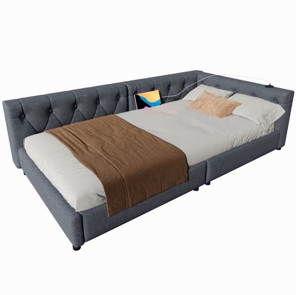 Schlafsofa, Daybett, 90x200cm, mit Lattenrost, Ambientebeleuchtung, Kopfteil mit Knopftuft, USB+Typ-C, Leinen, Grau
