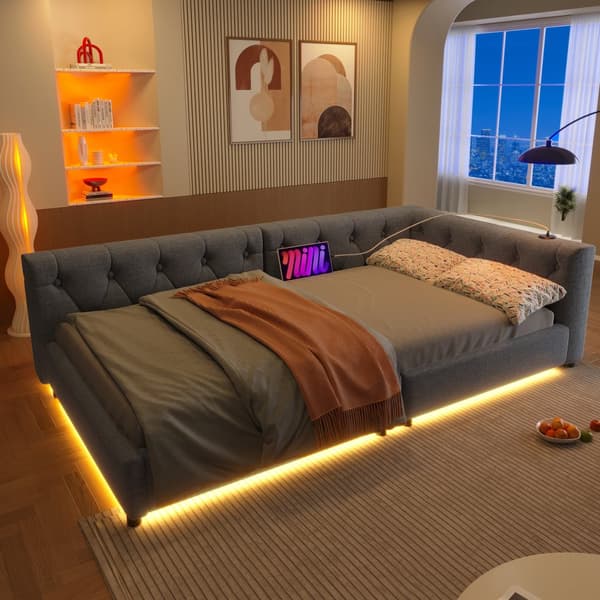 Schlafsofa, Daybett, 90x200cm, mit Lattenrost, Ambientebeleuchtung, Kopfteil mit Knopftuft, USB+Typ-C, Leinen, Grau