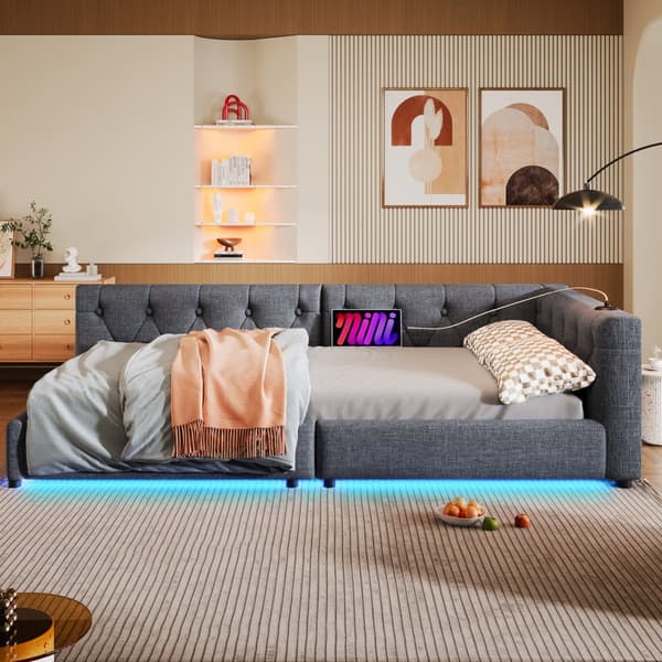 Schlafsofa, Daybett, 90x200cm, mit Lattenrost, Ambientebeleuchtung, Kopfteil mit Knopftuft, USB+Typ-C, Leinen, Grau