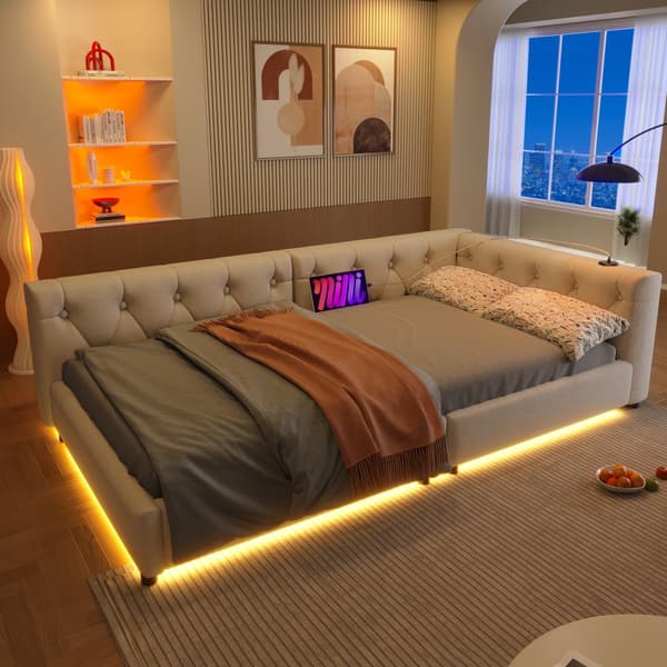 Schlafsofa, Daybett, 90x200cm, mit Lattenrost, Ambientebeleuchtung, Kopfteil mit Knopftuft, USB+Typ-C, Leinen, Beige