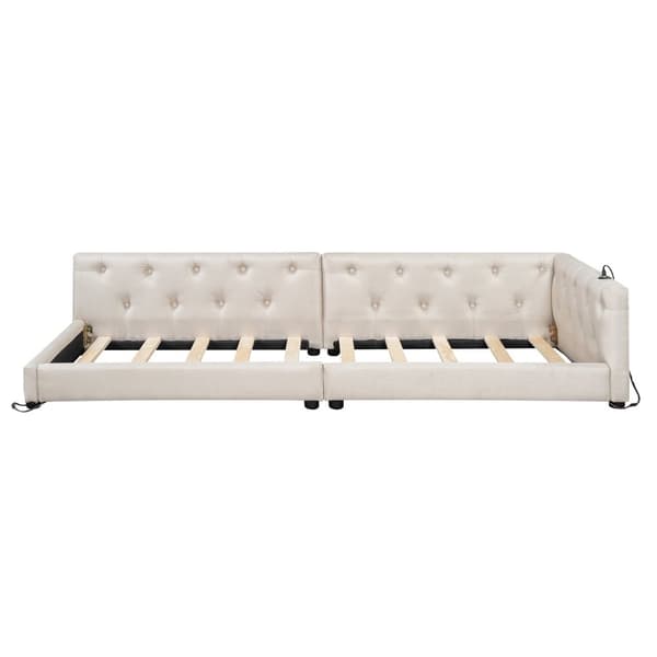 Schlafsofa, Daybett, 90x200cm, mit Lattenrost, Ambientebeleuchtung, Kopfteil mit Knopftuft, USB+Typ-C, Leinen, Beige