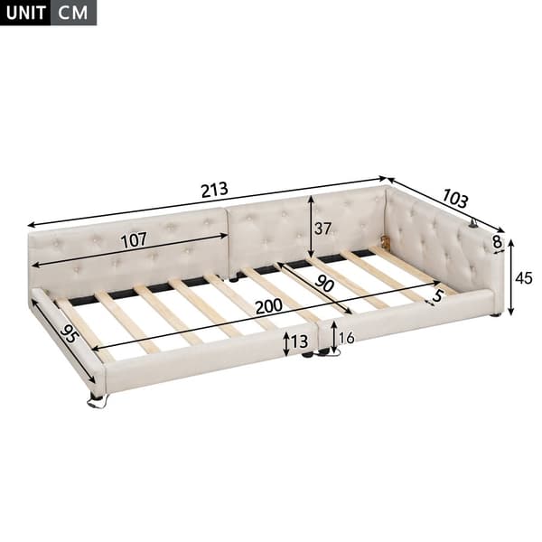 Schlafsofa, Daybett, 90x200cm, mit Lattenrost, Ambientebeleuchtung, Kopfteil mit Knopftuft, USB+Typ-C, Leinen, Beige
