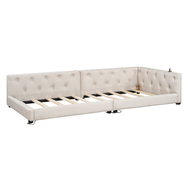Schlafsofa, Daybett, 90x200cm, mit Lattenrost, Ambientebeleuchtung, Kopfteil mit Knopftuft, USB+Typ-C, Leinen, Beige