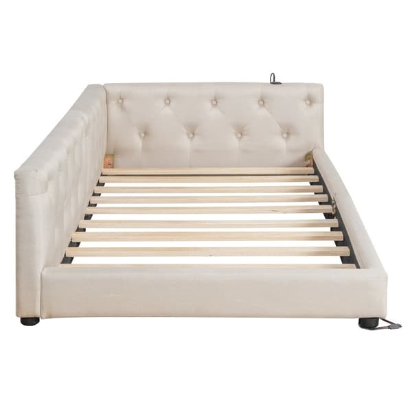 Schlafsofa, Daybett, 90x200cm, mit Lattenrost, Ambientebeleuchtung, Kopfteil mit Knopftuft, USB+Typ-C, Leinen, Beige