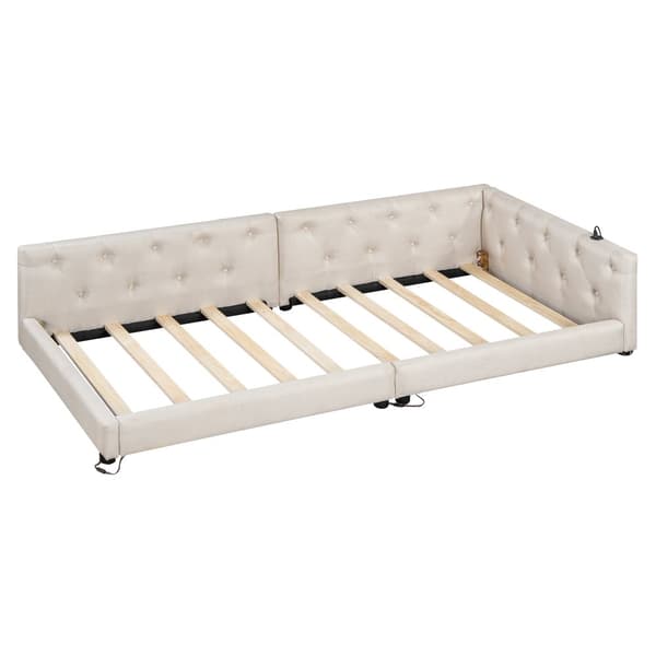Schlafsofa, Daybett, 90x200cm, mit Lattenrost, Ambientebeleuchtung, Kopfteil mit Knopftuft, USB+Typ-C, Leinen, Beige