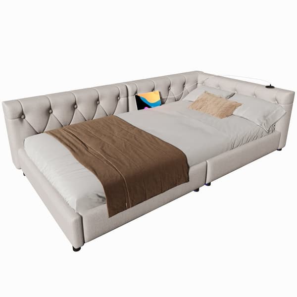 Schlafsofa, Daybett, 90x200cm, mit Lattenrost, Ambientebeleuchtung, Kopfteil mit Knopftuft, USB+Typ-C, Leinen, Beige