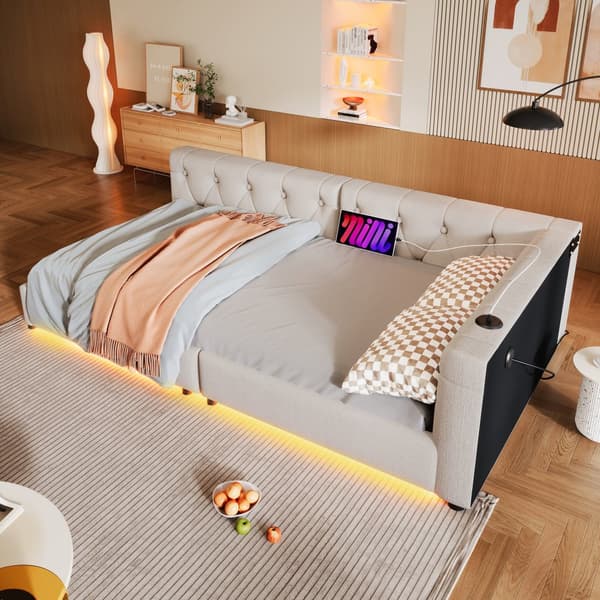 Schlafsofa, Daybett, 90x200cm, mit Lattenrost, Ambientebeleuchtung, Kopfteil mit Knopftuft, USB+Typ-C, Leinen, Beige