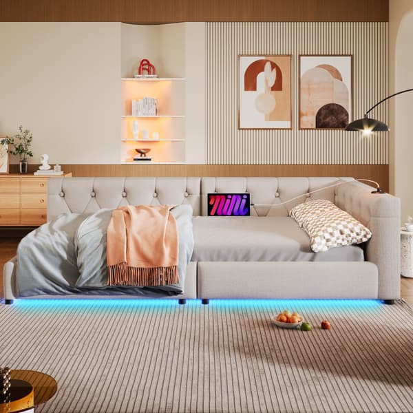 Schlafsofa, Daybett, 90x200cm, mit Lattenrost, Ambientebeleuchtung, Kopfteil mit Knopftuft, USB+Typ-C, Leinen, Beige