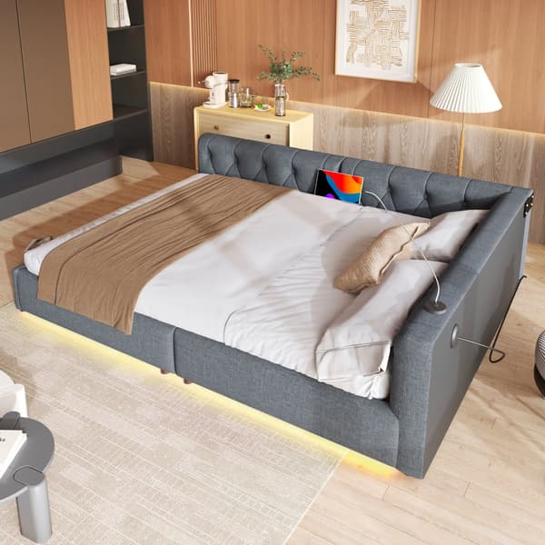 Schlafsofa, Daybett, Tagesbett, 140x200cm, mit Lattenrost, Ambientebeleuchtung, USB+Type-C, Kopfteil ja Knopftuft, Leinen, Harmaa