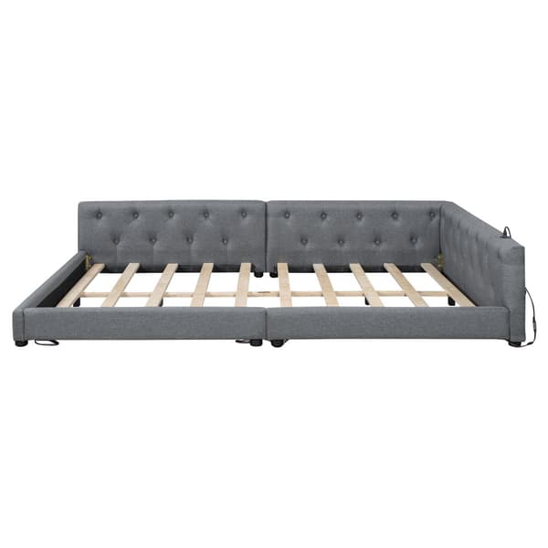 Schlafsofa, Daybett, Tagesbett, 140x200cm, mit Lattenrost, Ambientebeleuchtung, USB+Type-C, Kopfteil ja Knopftuft, Leinen, Harmaa