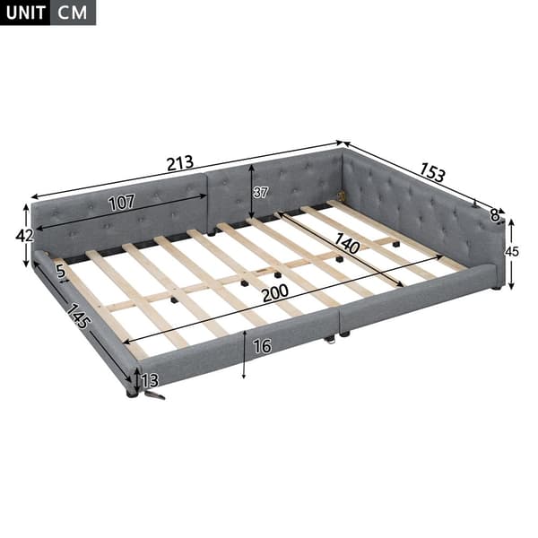 Schlafsofa, Daybett, Tagesbett, 140x200cm, mit Lattenrost, Ambientebeleuchtung, USB+Type-C, Kopfteil ja Knopftuft, Leinen, Harmaa