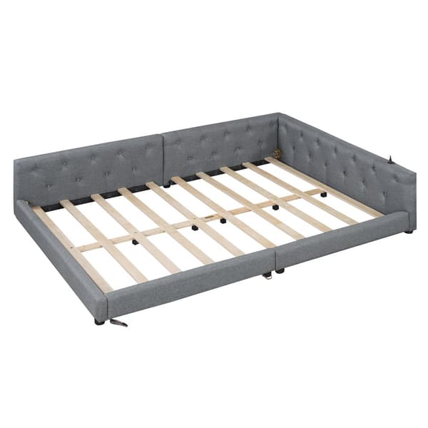 Schlafsofa, Daybett, Tagesbett, 140x200cm, mit Lattenrost, Ambientebeleuchtung, USB+Type-C, Kopfteil ja Knopftuft, Leinen, Harmaa
