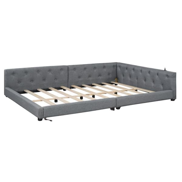 Schlafsofa, Daybett, Tagesbett, 140x200cm, mit Lattenrost, Ambientebeleuchtung, USB+Type-C, Kopfteil ja Knopftuft, Leinen, Harmaa