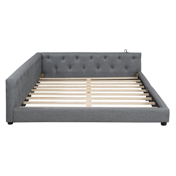 Schlafsofa, Daybett, Tagesbett, 140x200cm, mit Lattenrost, Ambientebeleuchtung, USB+Type-C, Kopfteil ja Knopftuft, Leinen, Harmaa
