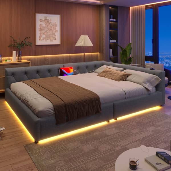 Schlafsofa, Daybett, Tagesbett, 140x200cm, mit Lattenrost, Ambientebeleuchtung, USB+Type-C, Kopfteil ja Knopftuft, Leinen, Harmaa