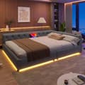 Pikkukuva 2 / 10: Schlafsofa, Daybett, Tagesbett, 140x200cm, mit Lattenrost, Ambientebeleuchtung, USB+Type-C, Kopfteil ja Knopftuft, Leinen, Harmaa