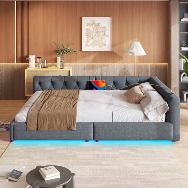 Schlafsofa, Daybett, Tagesbett, 140x200cm, mit Lattenrost, Ambientebeleuchtung, USB+Type-C, Kopfteil ja Knopftuft, Leinen, Harmaa