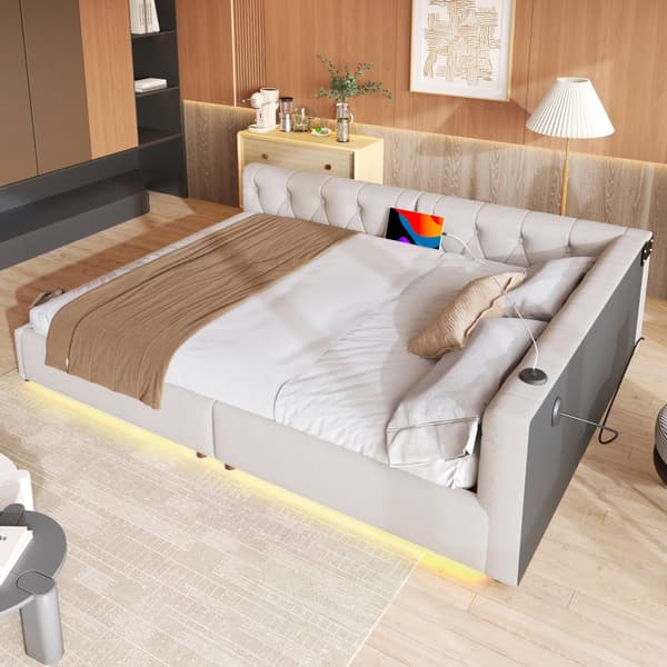 Schlafsofa, Daybett, Tagesbett, 140x200cm, Lätttenrost, Ambientebeleuchtung, USB + Type-C, Kopfteil mit Knopftuft, Leinen, Beige