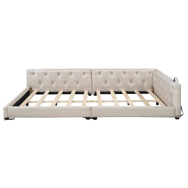Schlafsofa, Daybett, Tagesbett, 140x200cm, Lätttenrost, Ambientebeleuchtung, USB + Type-C, Kopfteil mit Knopftuft, Leinen, Beige