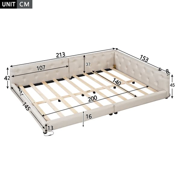 Schlafsofa, Daybett, Tagesbett, 140x200cm, Lätttenrost, Ambientebeleuchtung, USB + Type-C, Kopfteil mit Knopftuft, Leinen, Beige