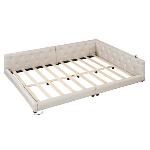 Schlafsofa, Daybett, Tagesbett, 140x200cm, Lätttenrost, Ambientebeleuchtung, USB + Type-C, Kopfteil mit Knopftuft, Leinen, Beige