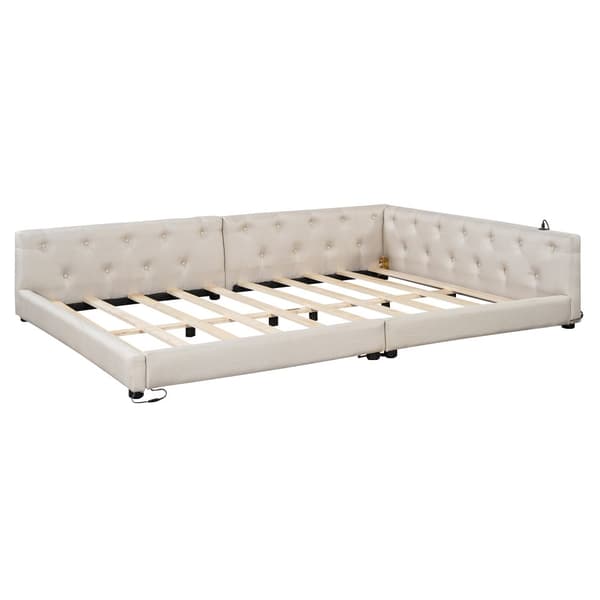 Schlafsofa, Daybett, Tagesbett, 140x200cm, Lätttenrost, Ambientebeleuchtung, USB + Type-C, Kopfteil mit Knopftuft, Leinen, Beige