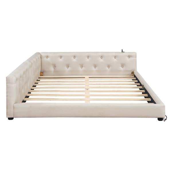 Schlafsofa, Daybett, Tagesbett, 140x200cm, Lätttenrost, Ambientebeleuchtung, USB + Type-C, Kopfteil mit Knopftuft, Leinen, Beige