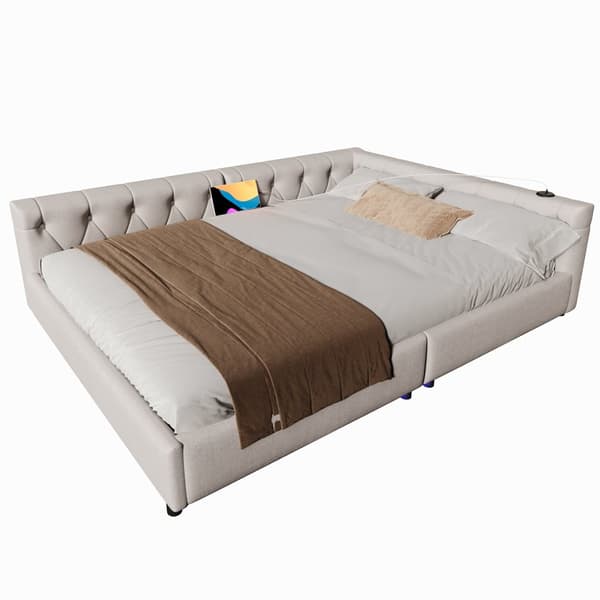 Schlafsofa, Daybett, Tagesbett, 140x200cm, Lätttenrost, Ambientebeleuchtung, USB + Type-C, Kopfteil mit Knopftuft, Leinen, Beige