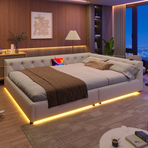 Schlafsofa, Daybett, Tagesbett, 140x200cm, Lätttenrost, Ambientebeleuchtung, USB + Type-C, Kopfteil mit Knopftuft, Leinen, Beige