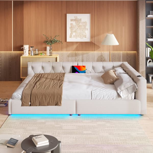 Schlafsofa, Daybett, Tagesbett, 140x200cm, Lätttenrost, Ambientebeleuchtung, USB + Type-C, Kopfteil mit Knopftuft, Leinen, Beige