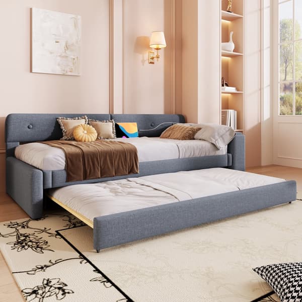 Schlafsofa, Daybett, 90x200cm, mit Lattenrost, ausziehbares Bett mit Klappstaufach, USB+Type-C, Leinen, Grau