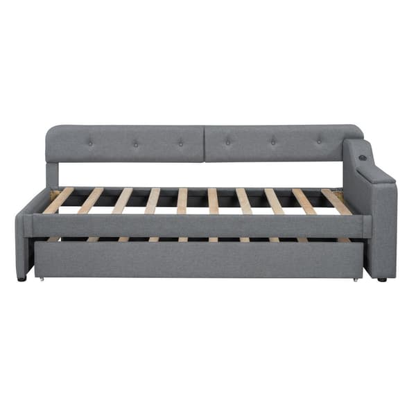 Schlafsofa, Daybett, 90x200cm, mit Lattenrost, ausziehbares Bett mit Klappstaufach, USB+Type-C, Leinen, Grau