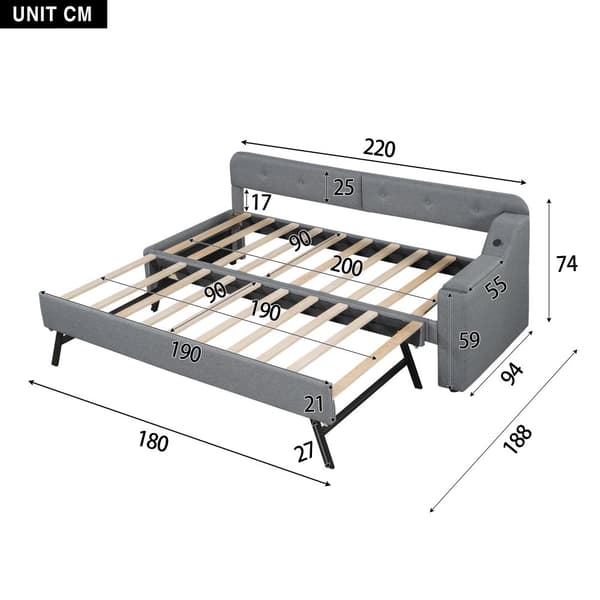Schlafsofa, Daybett, 90x200cm, mit Lattenrost, ausziehbares Bett mit Klappstaufach, USB+Type-C, Leinen, Grau