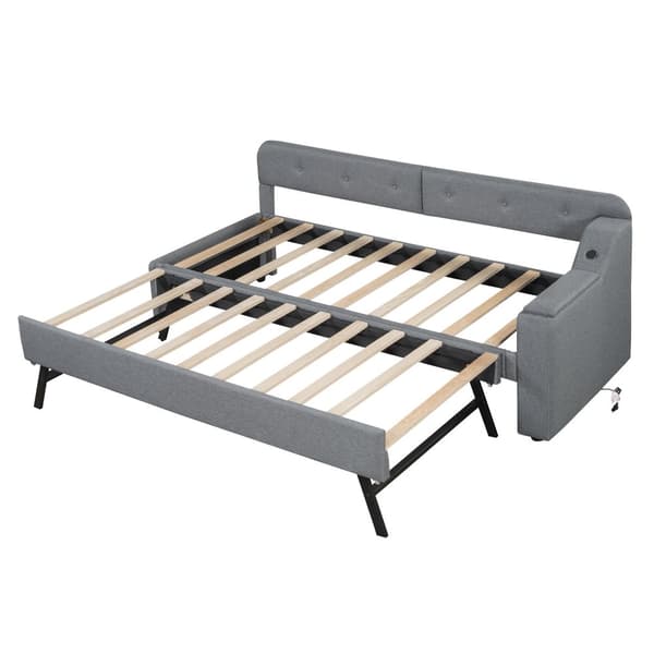 Schlafsofa, Daybett, 90x200cm, mit Lattenrost, ausziehbares Bett mit Klappstaufach, USB+Type-C, Leinen, Grau