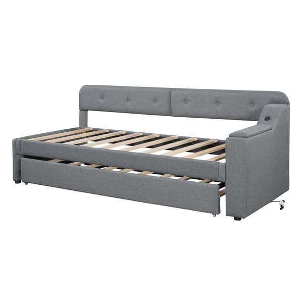 Schlafsofa, Daybett, 90x200cm, mit Lattenrost, ausziehbares Bett mit Klappstaufach, USB+Type-C, Leinen, Grau