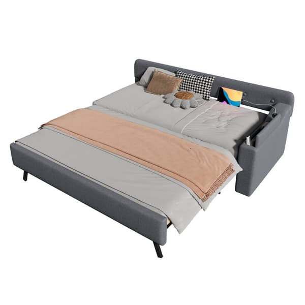 Schlafsofa, Daybett, 90x200cm, mit Lattenrost, ausziehbares Bett mit Klappstaufach, USB+Type-C, Leinen, Grau