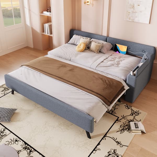 Schlafsofa, Daybett, 90x200cm, mit Lattenrost, ausziehbares Bett mit Klappstaufach, USB+Type-C, Leinen, Grau