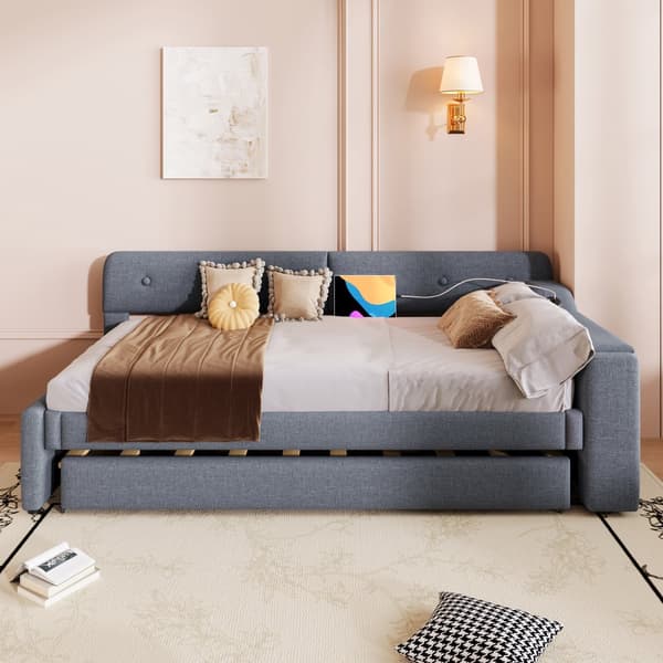 Schlafsofa, Daybett, 90x200cm, mit Lattenrost, ausziehbares Bett mit Klappstaufach, USB+Type-C, Leinen, Grau