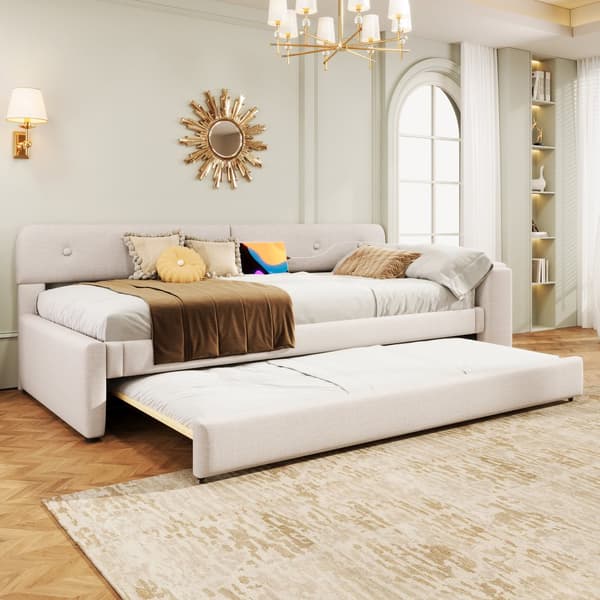 Schlafsofa, Daybett, 90x200cm, mit Lattenrost, ausziehbares Bett, USB+Typ-C, Klappstaufach, Leinen, Beige