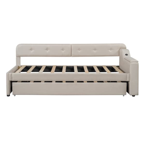 Schlafsofa, Daybett, 90x200cm, mit Lattenrost, ausziehbares Bett, USB+Typ-C, Klappstaufach, Leinen, Beige