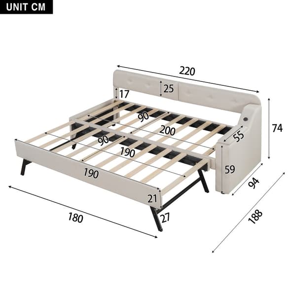Schlafsofa, Daybett, 90x200cm, mit Lattenrost, ausziehbares Bett, USB+Typ-C, Klappstaufach, Leinen, Beige