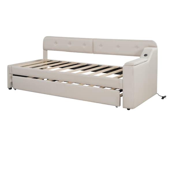 Schlafsofa, Daybett, 90x200cm, mit Lattenrost, ausziehbares Bett, USB+Typ-C, Klappstaufach, Leinen, Beige