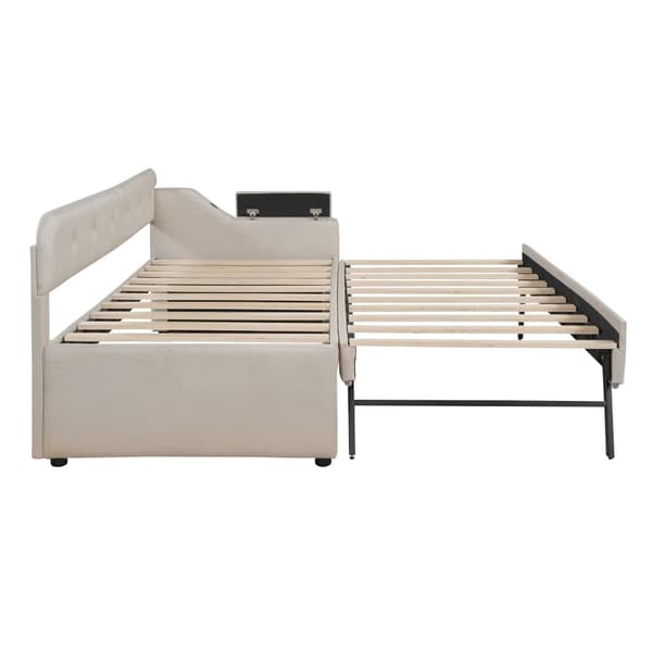 Schlafsofa, Daybett, 90x200cm, mit Lattenrost, ausziehbares Bett, USB+Typ-C, Klappstaufach, Leinen, Beige