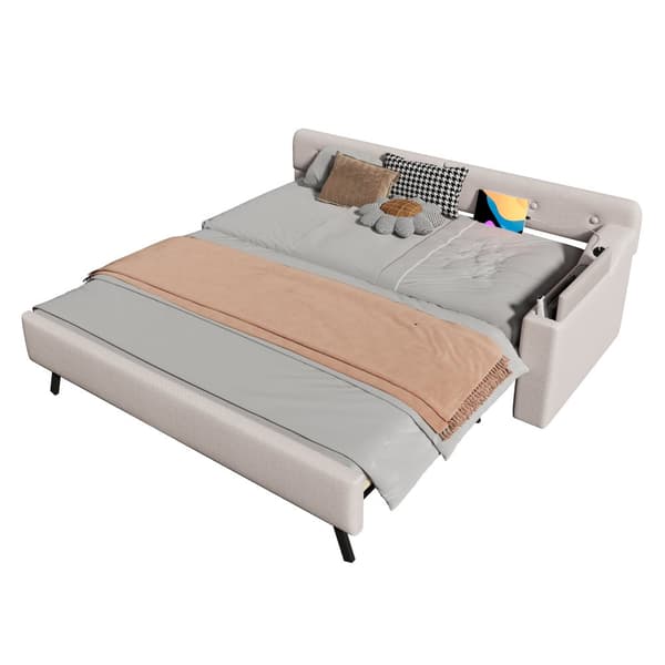 Schlafsofa, Daybett, 90x200cm, mit Lattenrost, ausziehbares Bett, USB+Typ-C, Klappstaufach, Leinen, Beige