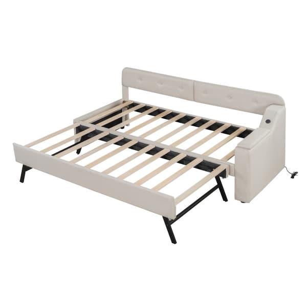 Schlafsofa, Daybett, 90x200cm, mit Lattenrost, ausziehbares Bett, USB+Typ-C, Klappstaufach, Leinen, Beige