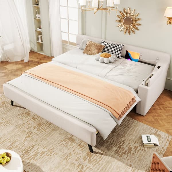 Schlafsofa, Daybett, 90x200cm, mit Lattenrost, ausziehbares Bett, USB+Typ-C, Klappstaufach, Leinen, Beige
