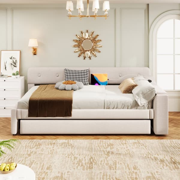 Schlafsofa, Daybett, 90x200cm, mit Lattenrost, ausziehbares Bett, USB+Typ-C, Klappstaufach, Leinen, Beige
