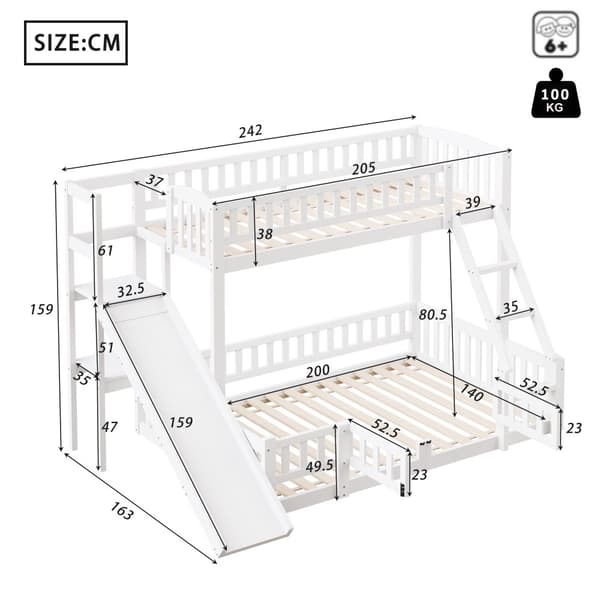 Etagen-kuolain 90x200 cm & 140x200 cm - Kiefernholz, Geländer, Rutsche, Stufen, En747, Weiß